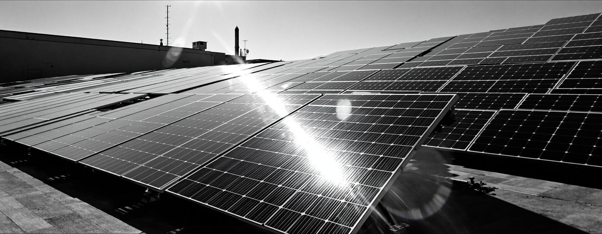 Solar array on an industrial roof from a low angle, low sun raking across the
        surface of the glass.