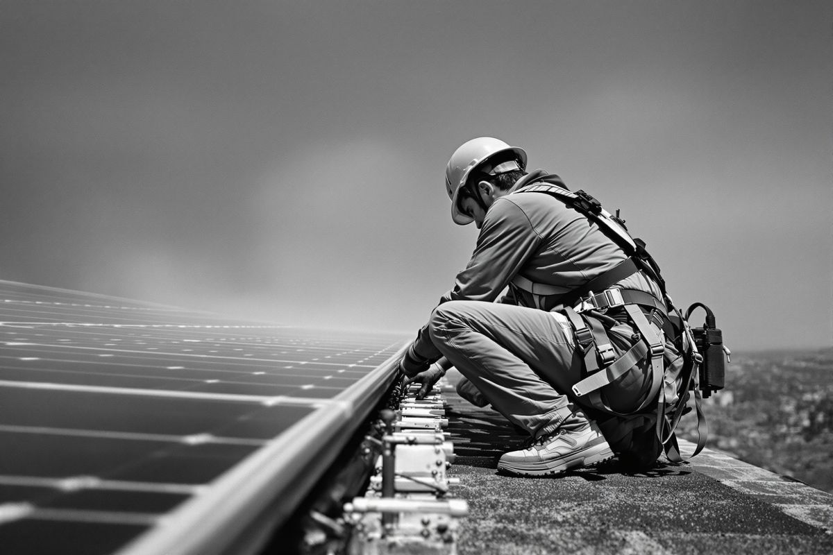 Installer in a safety harness, seen from behind, working on the mounting rail of
              a photovoltaic panel on a roof.